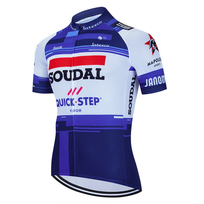 SOUDAL Team Men's Cycling Jersey in blue and white, quick-dry summer bike wear with zipper closure and breathable fabric.