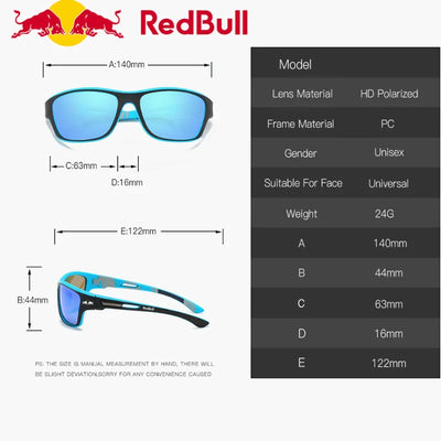 Red Bull polarized sunglasses with HD polarized lenses and unisex fit, ideal for outdoor activities like fishing and hiking.