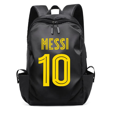 Black backpack featuring 'MESSI 10' design, ideal for students and casual use, with USB port and durable nylon material.