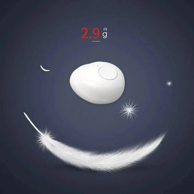 Mini TWS earbuds weighing only 2.9g, showcasing a sleek design against a dark background with soft feathers.