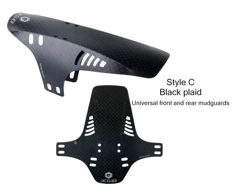 Reflective black plaid MTB front and rear mudguards, universal design for mountain bikes.