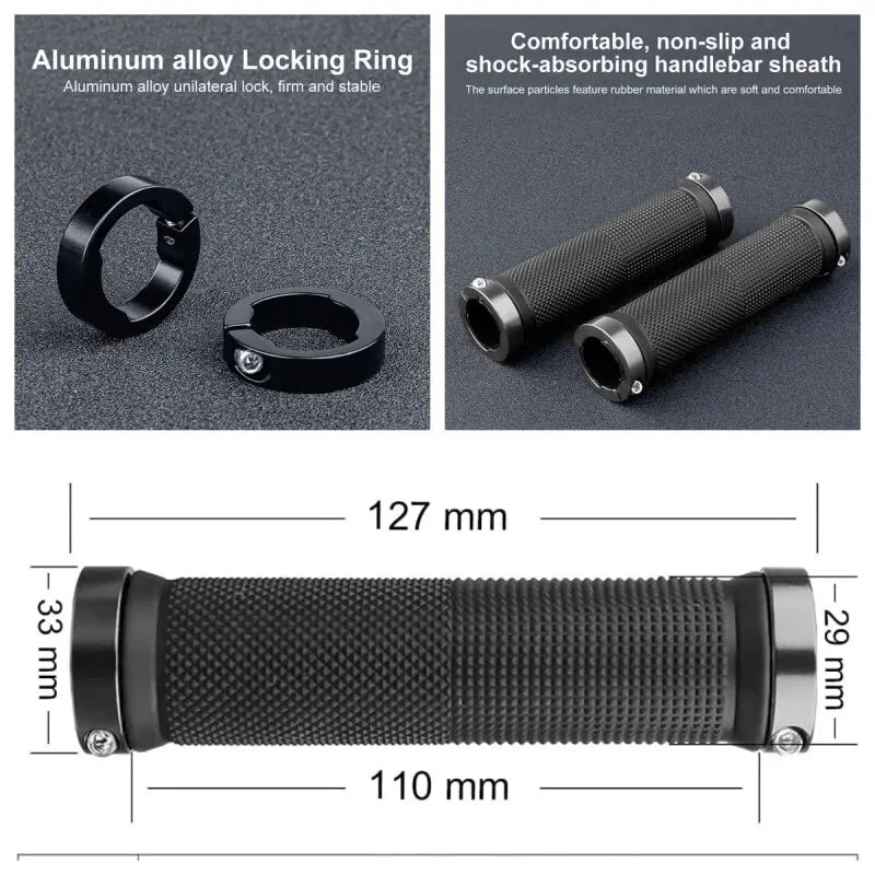 Non-slip rubber bike grips with aluminum alloy locking ring, dimensions shown, designed for comfort and stability in cycling.