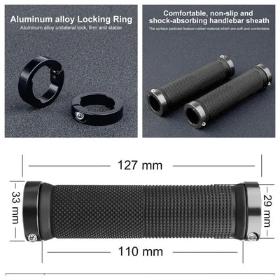 Non-slip rubber bike grips with aluminum alloy locking ring, dimensions shown, designed for comfort and stability in cycling.