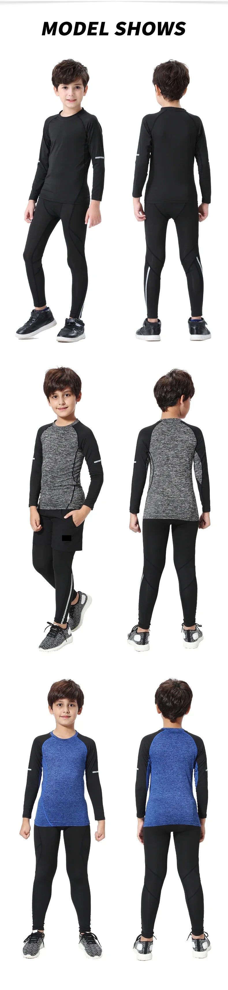 Kids in thermal compression sports tights, showcasing various colors and styles for winter running, including gray and blue options.
