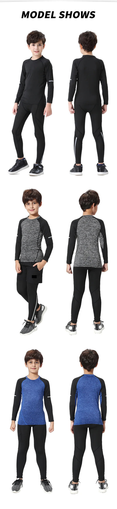 Kids in thermal compression sports tights, showcasing various colors and styles for winter running, including gray and blue options.