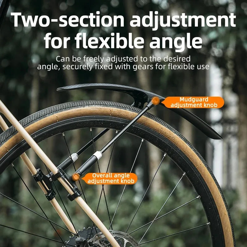 Bicycle mudguard featuring two-section adjustable angle knobs for flexible positioning on road bikes.