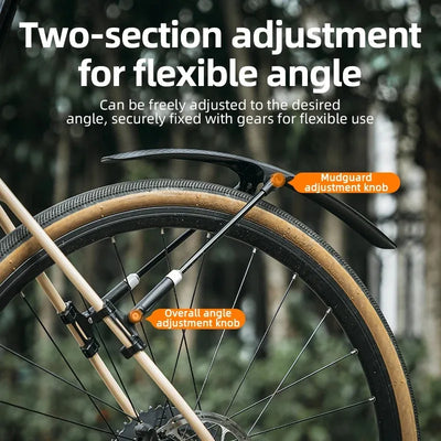 Bicycle mudguard featuring two-section adjustable angle knobs for flexible positioning on road bikes.