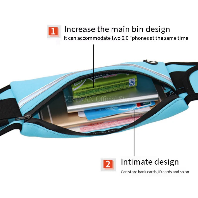 Waterproof running waist pack with spacious design for phones, cards and more, perfect for sports and outdoor activities.