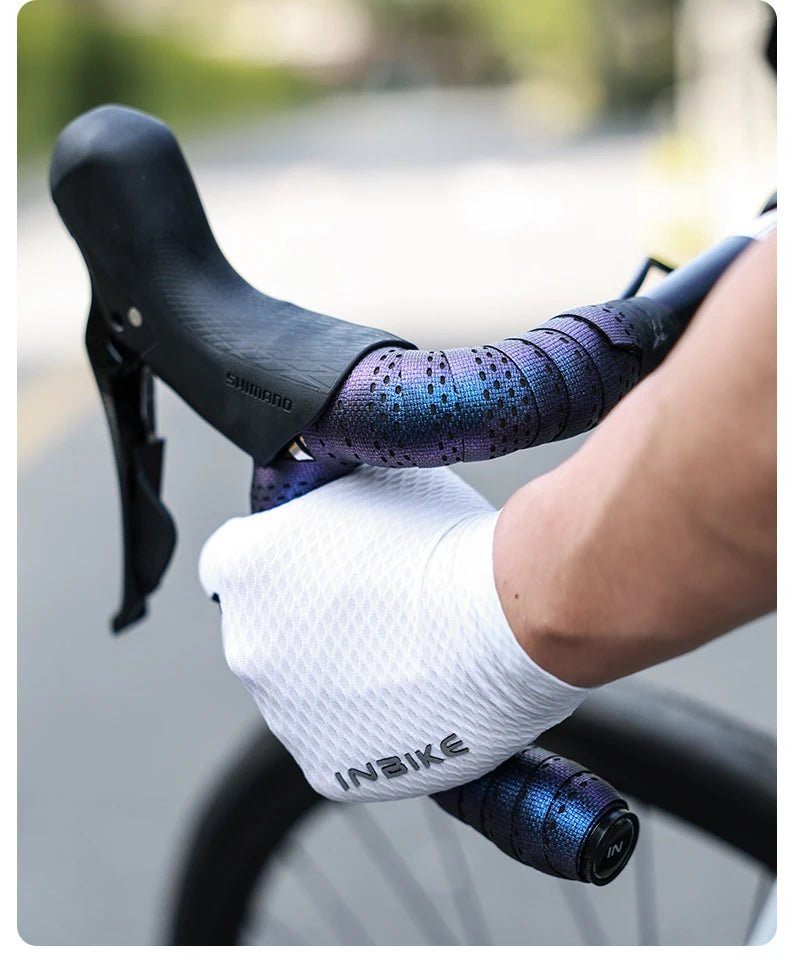 INBIKESoftGripHandlebarTape wrapped on a bicycle handlebar, featuring a rider in gloves, showcasing its non-slip design.