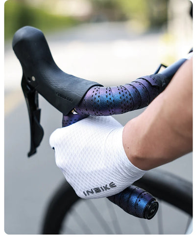 INBIKESoftGripHandlebarTape wrapped on a bicycle handlebar, featuring a rider in gloves, showcasing its non-slip design.