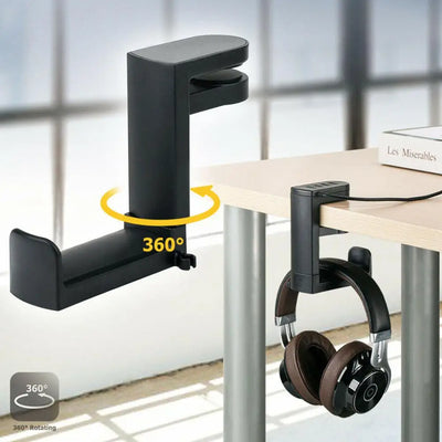 PC gaming headphone stand with adjustable 360° rotating arm clamp, ideal for desk mount and universal headset holder.