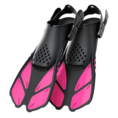 Adjustable snorkel fins with pink accents, perfect for scuba diving and swimming, suitable for adults.