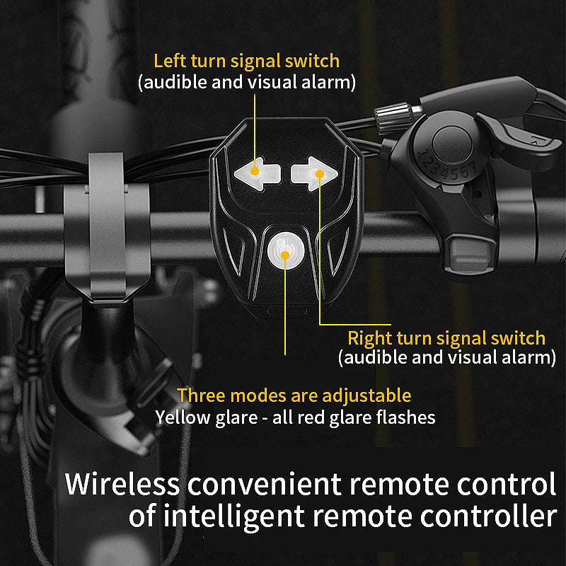 Close-up of wireless bike turn signal remote control showing left and right signal switches and adjustable modes.