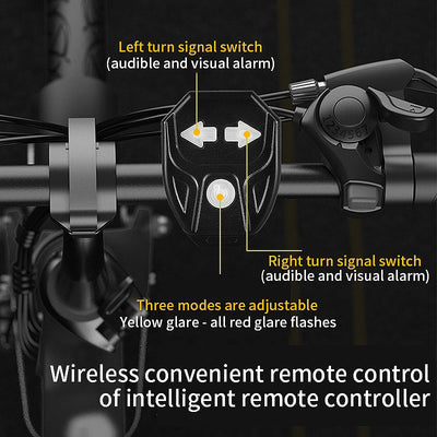 Close-up of wireless bike turn signal remote control showing left and right signal switches and adjustable modes.