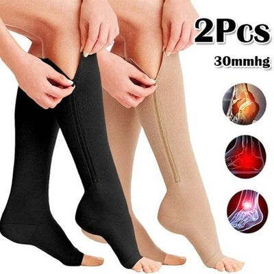 Medical zipper compression socks in black and beige, designed for edema and varicose veins relief with 30mmHg pressure.