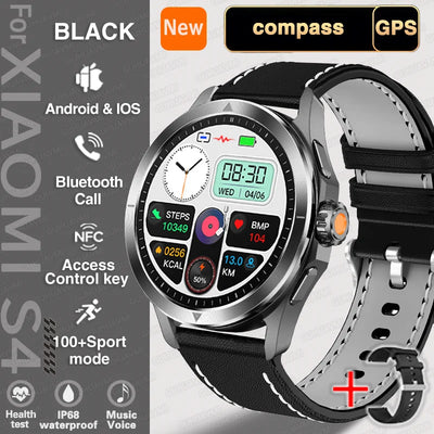Xiaomi S4 Ultra Smartwatch with AMOLED screen, GPS, compass, Bluetooth, waterproof, and 100+ sports modes for fitness tracking.