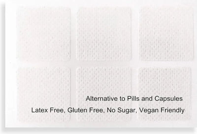 White patches displayed as an alternative to pills, labeled latex free, gluten free, sugar free, and vegan friendly.