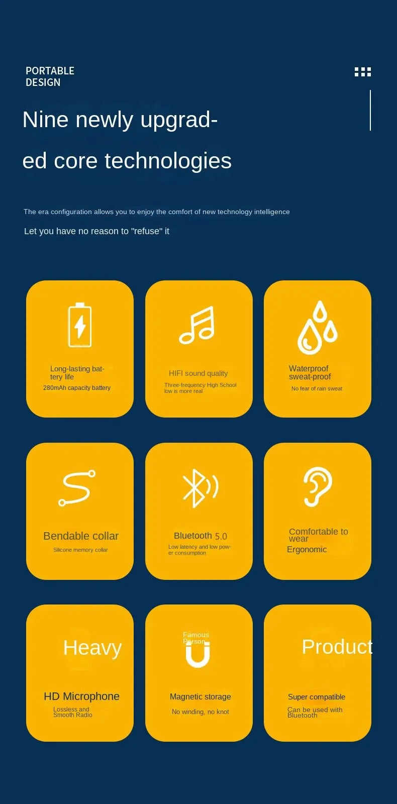 Infographic showcasing nine upgraded core technologies for wireless earbuds, including waterproof, Bluetooth 5.0, and ergonomic design.