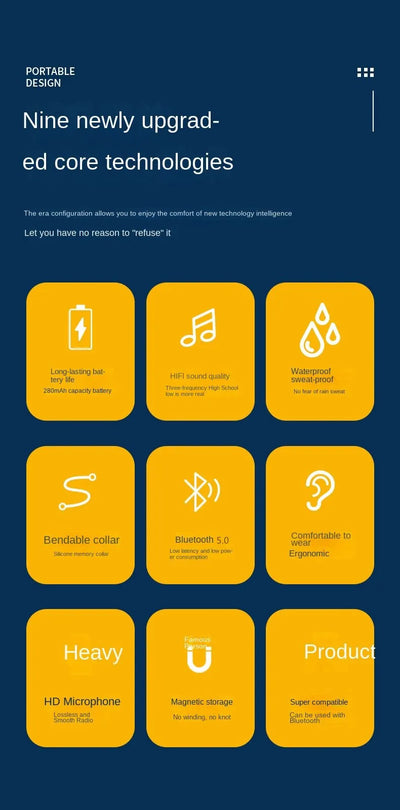 Infographic showcasing nine upgraded core technologies for wireless earbuds, including waterproof, Bluetooth 5.0, and ergonomic design.