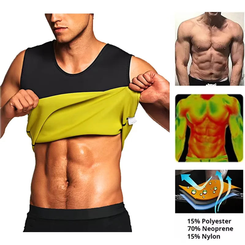 Men’s Slimming Body Shaper Vest in action, highlighting fat-burning features and materials like Nylon and Polyester.