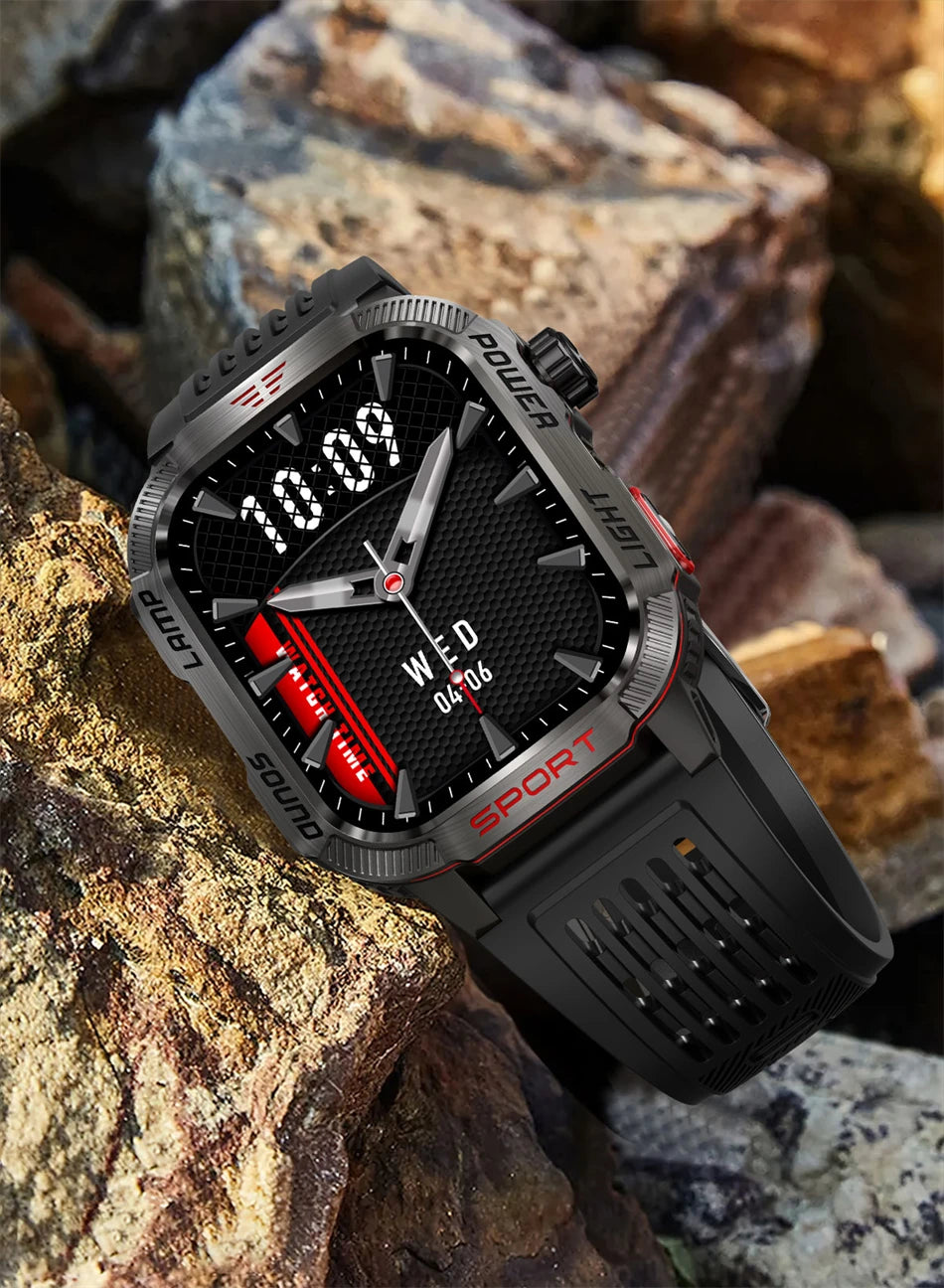 Military GPS smart watch showcasing digital face and rugged design on rocky background, ideal for sports and outdoor activities.