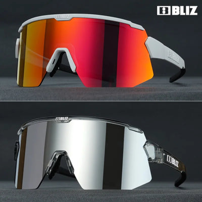 BLIZ Breeze polarized cycling glasses with red and clear lenses for UV protection in MTB and road biking.