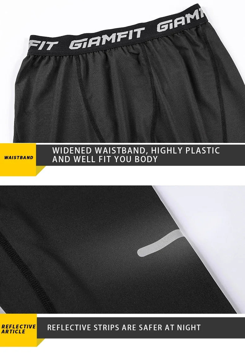 Close-up of black kids thermal sports tights featuring a wide waistband and reflective strips for nighttime safety.