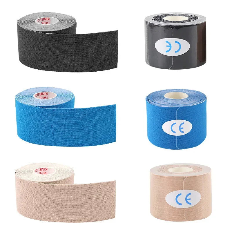 Variety of kinesiology tapes in black, blue, and beige colors, designed for facial and neck lifting and skin care.