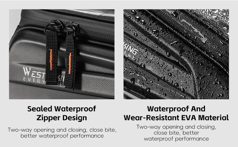 WEST BIKING waterproof bike phone bag features: sealed zipper design and wear-resistant EVA material for optimal waterproof performance.