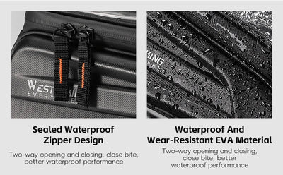 WEST BIKING waterproof bike phone bag features: sealed zipper design and wear-resistant EVA material for optimal waterproof performance.