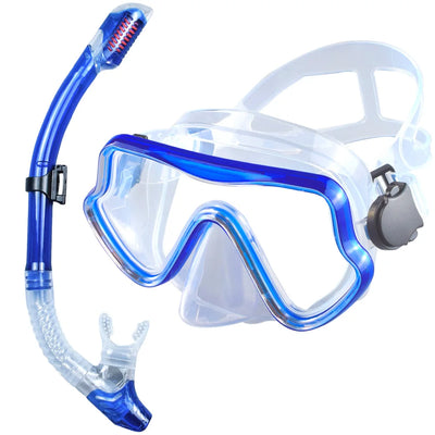 Scuba diving mask and snorkel set for adults featuring tempered glass and ergonomic design for snorkeling and swimming.