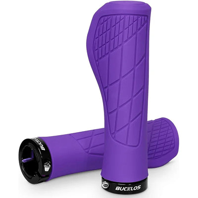 BUCKLOS MTB ergonomic lock-on bike handlebar grips in purple, made of soft rubber with aluminum alloy lock rings.