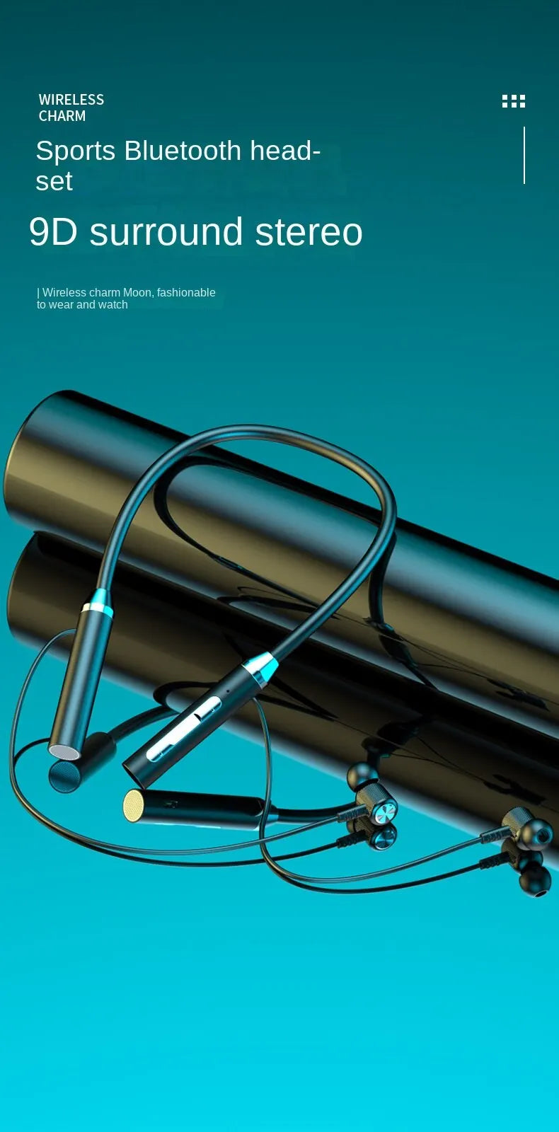 Wireless Bluetooth headset with 9D surround stereo, stylish design for sports use.