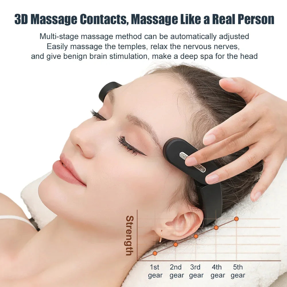 Woman enjoying a 3D massage with a wireless head massager, showcasing adjustable multi-stage settings for relaxation.
