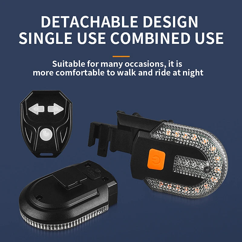 Wireless bike turn signal light with detachable design and remote control, ideal for night riding and walking.