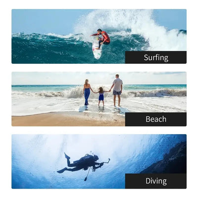Collage of surfing, beach family moments, and diving underwater adventures showcasing water sports activities.