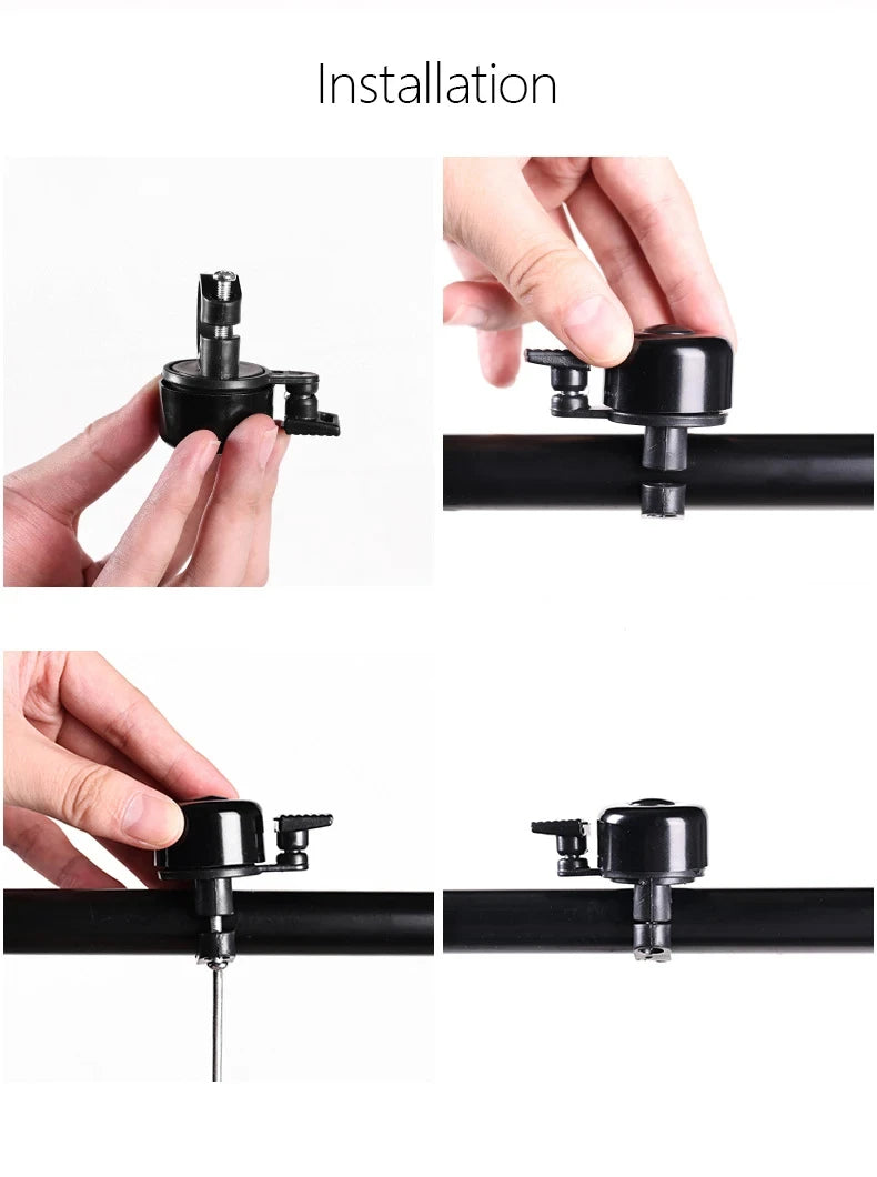 Installation steps for Aluminum Alloy MTB Bicycle Bell on handlebar, featuring hands-on assembly process.