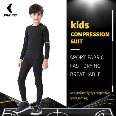 Kids in black compression suit from Jian Fei, designed for fast drying and breathability during sports activities.