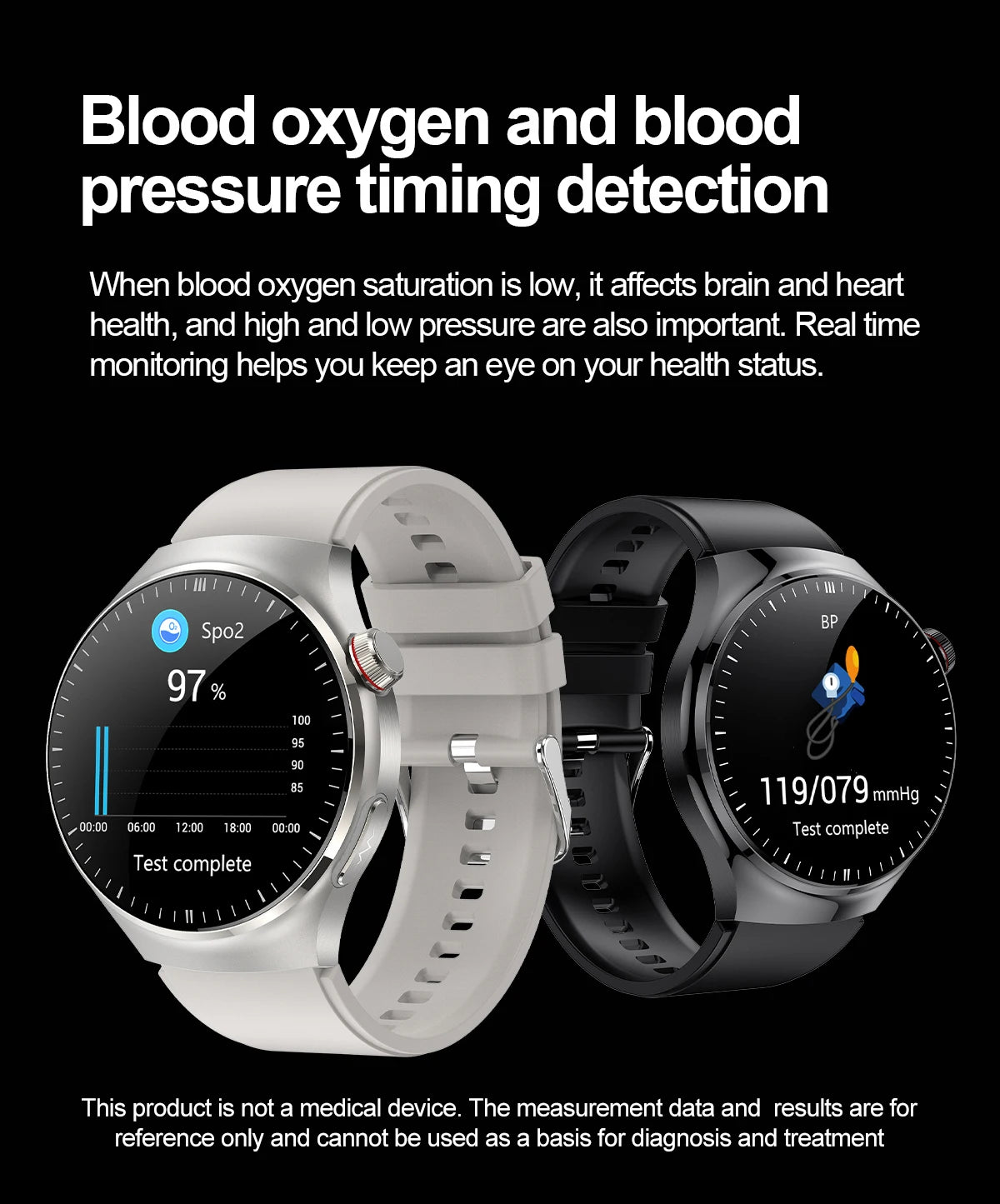 Health smartwatch monitoring blood oxygen and blood pressure with sleek design and digital display.