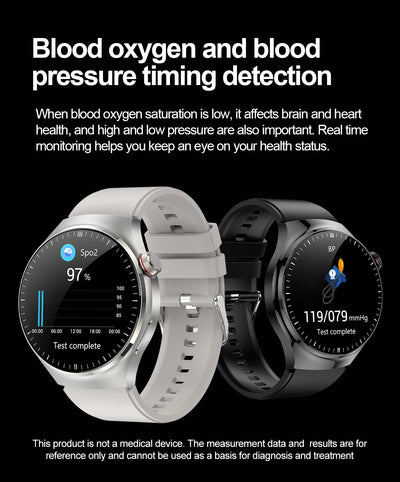 Health smartwatch monitoring blood oxygen and blood pressure with sleek design and digital display.