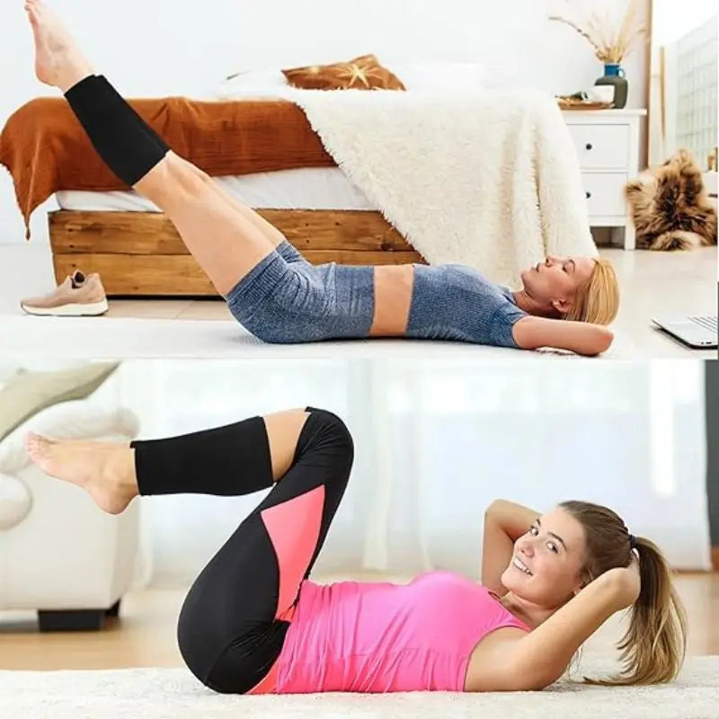 Two women exercising at home, using compression sleeves during leg lifts and crunches for enhanced support.