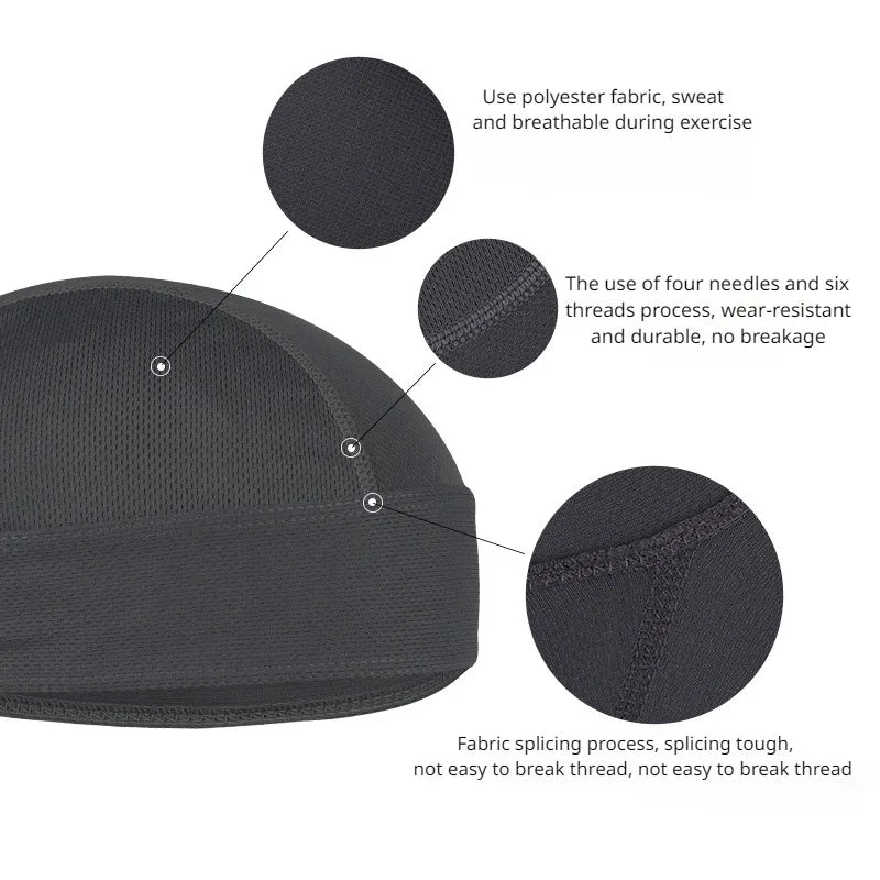 Close-up of quick-dry cycling headband highlighting breathable polyester fabric and durable stitching details.