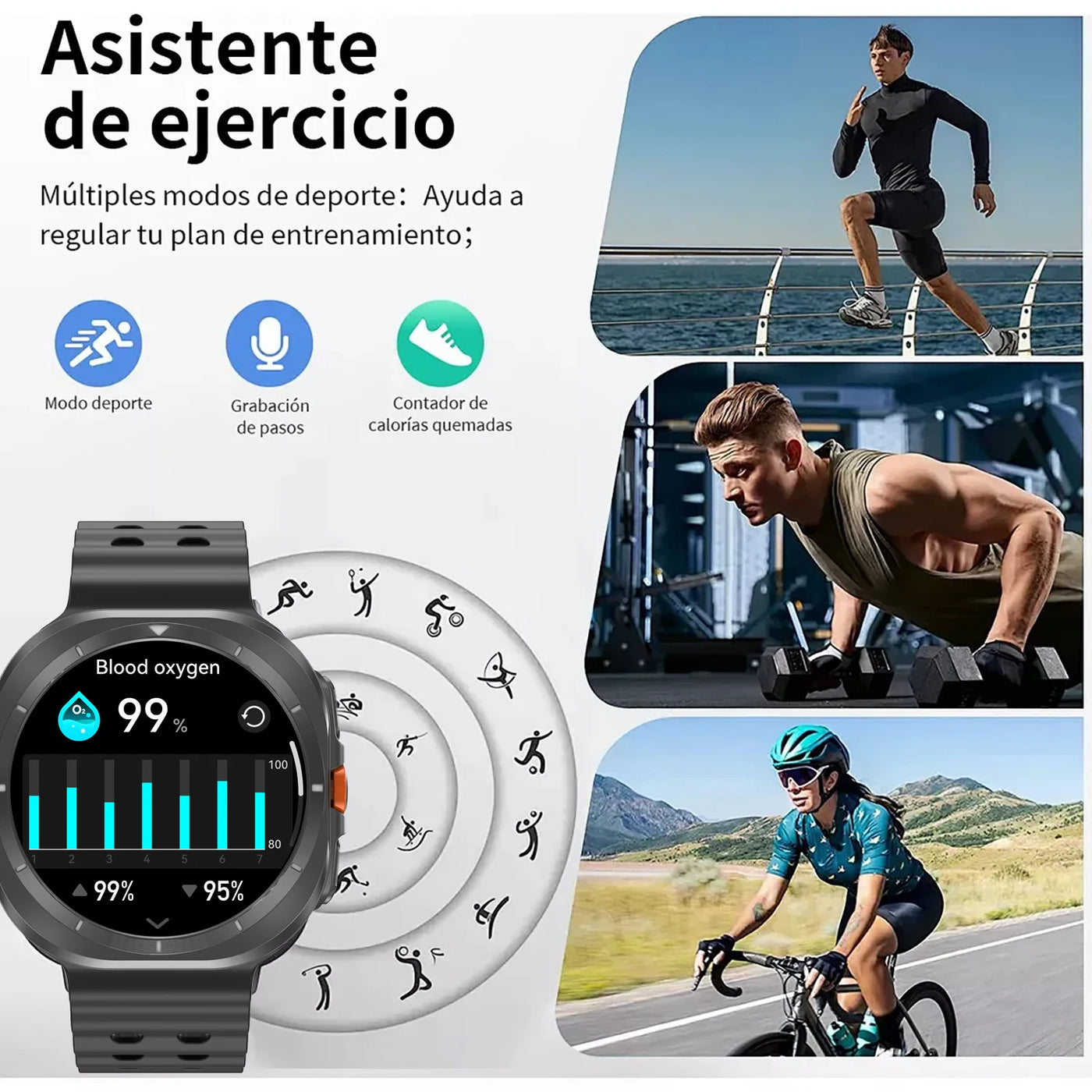 2025 smartwatch with exercise tracking features, displaying sports modes, heart rate, and fitness activities.