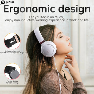 Picun ergonomic wired headphones with scalable adjustment and portable folding design for comfort during work and study.
