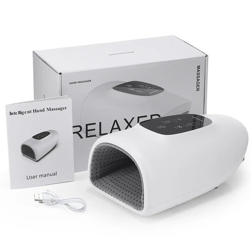 Electric hand massage airbag with heat therapy, deep kneading, and user manual for relaxation and stress relief.