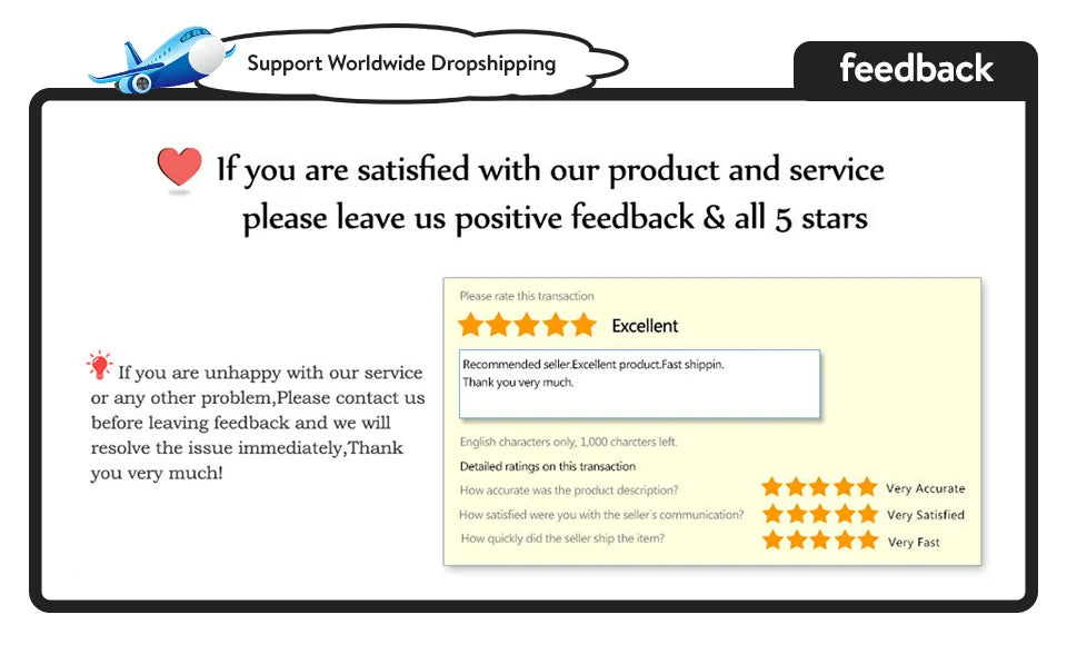 Customer feedback request graphic for positive reviews and ratings on products and services.