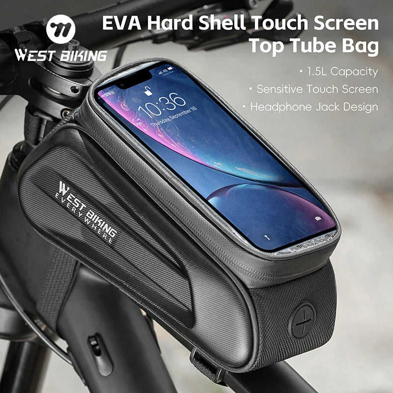 West Biking 7" bike phone bag with EVA hard shell, touch screen, and headphone jack design, waterproof and 1.5L capacity.