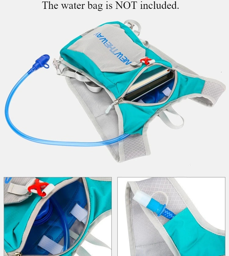 Ultralight waterproof hydration backpack in teal, designed for outdoor running and cycling, featuring a hydration tube.