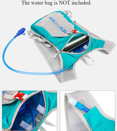 Ultralight waterproof hydration backpack in teal, designed for outdoor running and cycling, featuring a hydration tube.