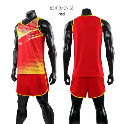 Custom red unisex marathon running suit set, featuring polyester and spandex material for track and field sportswear.